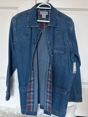 Cabin Creek Blue Denim Jacket with Red-Accent Plaid Lining